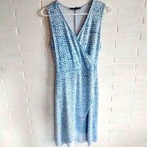 Blue sleeveless knee length faux wrap dress size M